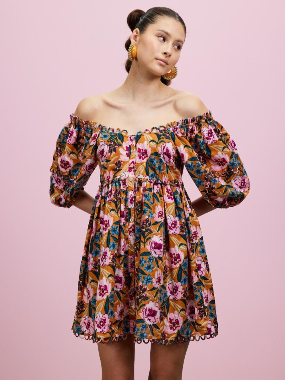 TOPSHOP LINEN  FLORAL  SCALLOP‎ ROSES DAISIES PUFF SLEEVE MINI DRESS SIZE 12